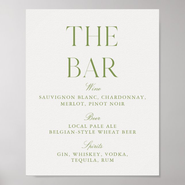 Elegant Sage Green & Beige Wedding Bar Sign Poster (Framsidan)