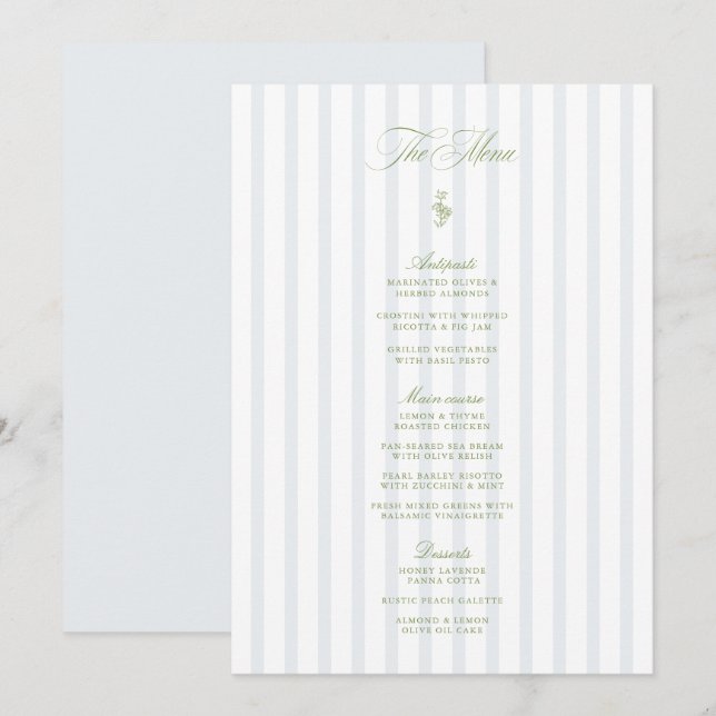 Elegant Sage Green & Blue Striped Wedding Menu Inbjudningar (Fram/baksida)
