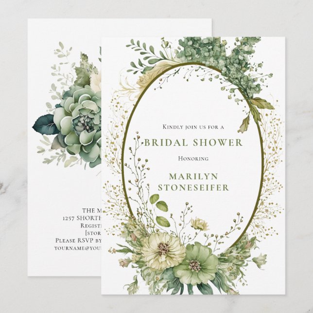 Elegant Sage Green Botanical Bridal Shower | Inbjudningar (Fram/baksida)