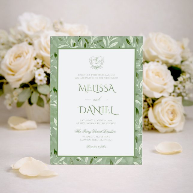 Elegant Sage Green Botanical Crest Wedding Inbjudningar (Skapare uppladdad)