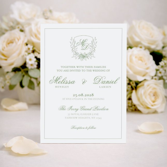 Elegant Sage Green Botanical Crest Wedding Inbjudningar (Skapare uppladdad)