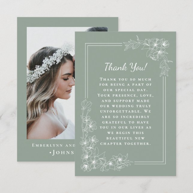 Elegant Sage Green Botanical Photo Wedding Tack Kort (Fram/baksida)