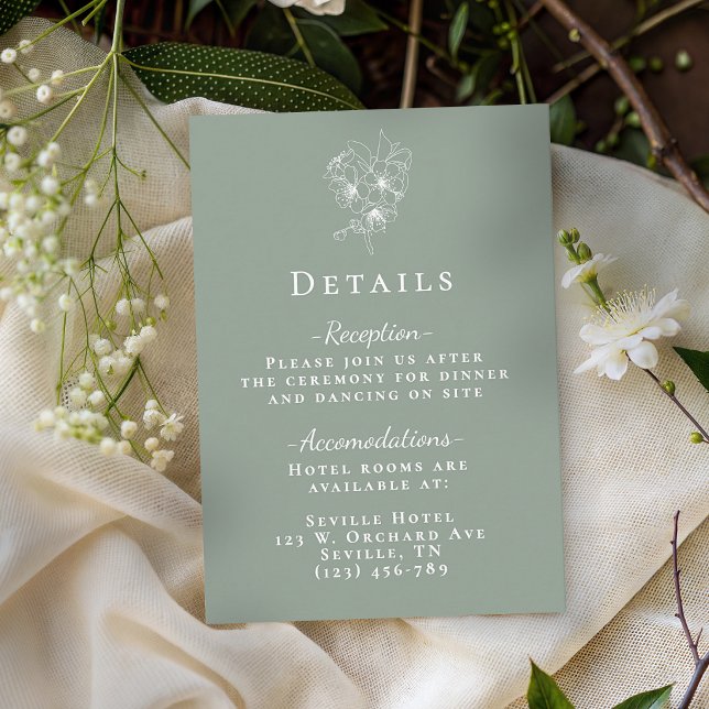 Elegant Sage Green Botanical Wedding Details Tilläggskort (Elegant Sage Green Botanical Wedding Details Enclosure Card)