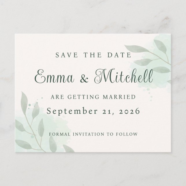 Elegant Sage Green Botanical Wedding Save the Date Meddelande Vykort (Framsida)