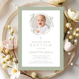 Elegant Sage Green Bow Photo Baptism Inbjudningar