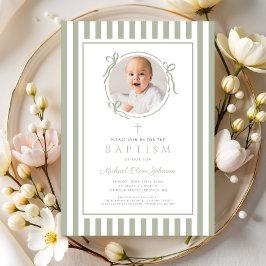 Elegant Sage Green Bow Photo Boy Baptism Inbjudningar