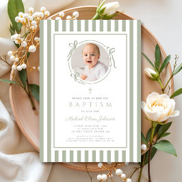 Elegant Sage Green Bow Photo Boy Baptism Inbjudningar