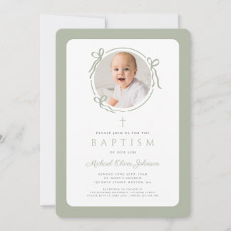 Elegant Sage Green Bow Photo Boy Baptism Inbjudningar