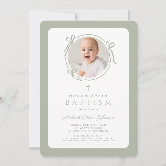Elegant Sage Green Bow Photo Boy Baptism Inbjudningar (Framsida)