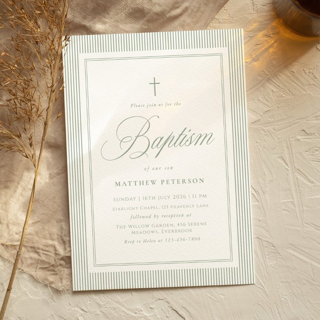 Elegant Sage Green Calligraphy Baptism Inbjudningar (Skapare uppladdad)