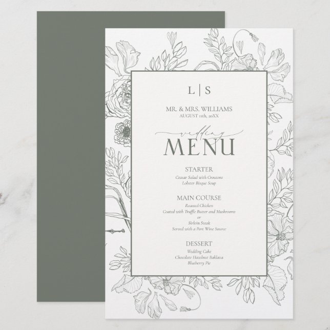 Elegant Sage Green Calligraphy Monogram Menu Card (Fram/baksida)