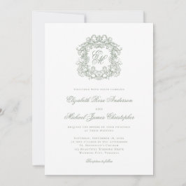 Elegant Sage Green Crest Monogram Wedding Inbjudningar
