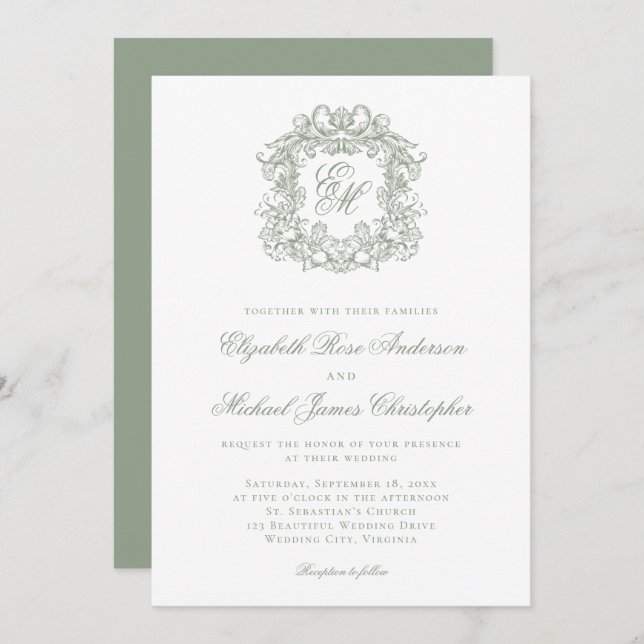 Elegant Sage Green Crest Monogram Wedding Inbjudningar (Fram/baksida)