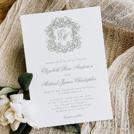 Elegant Sage Green Crest Monogram Wedding Inbjudningar