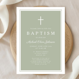 Elegant Sage Green Cross Baby Boy Baptism Inbjudningar
