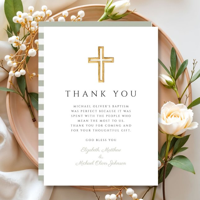 Elegant Sage Green Cross Baptism Tack Kort (Elegant Sage Green Cross Baptism Thank You Card)
