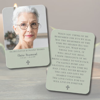 Elegant Sage Green Cross Funeral Prayer Card Visitkort