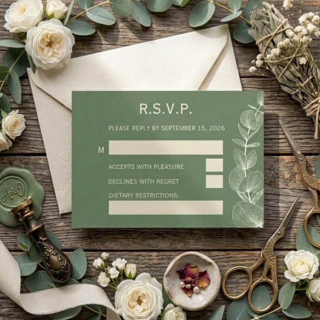 Elegant Sage Green Eucalyptus Wedding RSVP Reply C OSA Kort (Skapare uppladdad)