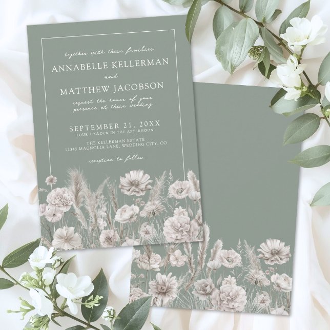 Elegant Sage Green Floral Boho Wedding Inbjudningar (Elegant Sage Green Floral Boho Wedding Invitation)