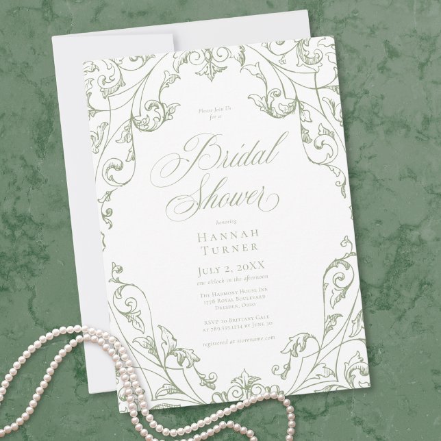 Elegant Sage Green Floral Frame Bridal Shower Inbjudningar (Elegant Sage Green Floral Frame Bridal Shower Invitation)
