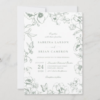 Elegant Sage Green Floral Garden Wedding Photo Inbjudningar