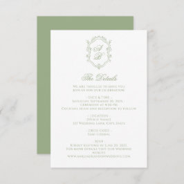 Elegant Sage Green Floral Monogram Crest Wedding Tilläggskort