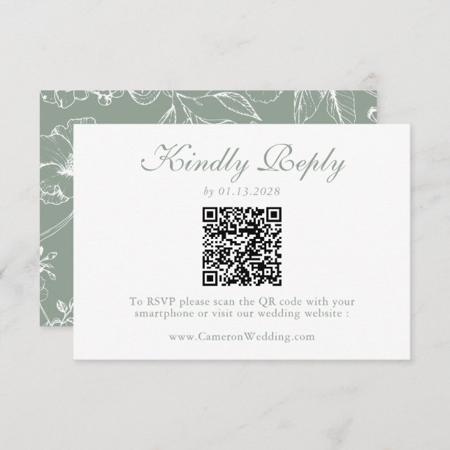 Elegant Sage Green Floral QR Code Wedding RSVP  OSA Kort (Fram/baksida)