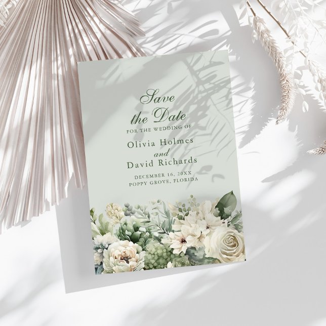 Elegant Sage Green Floral Save The Date Card Spara Datumet (Elegant Sage Green Floral Save The Date Card on a sunny table with boho dry botanicals)