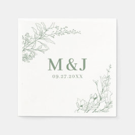 Elegant Sage Green Floral Wreath Monogram Wedding Pappersservett