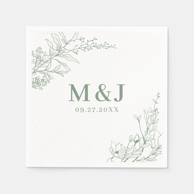 Elegant Sage Green Floral Wreath Monogram Wedding Pappersservett (Framsidan)