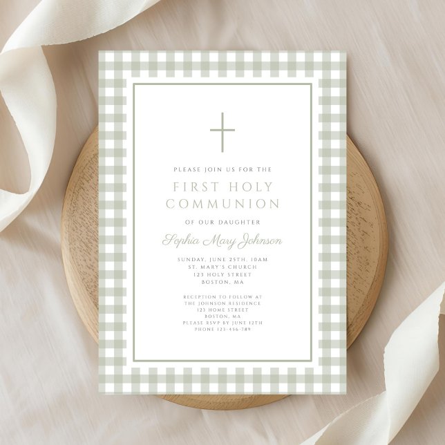 Elegant Sage Green Gingham Girl First Communion Inbjudningar (Elegant Sage Green Gingham Girl First Communion Invitation)