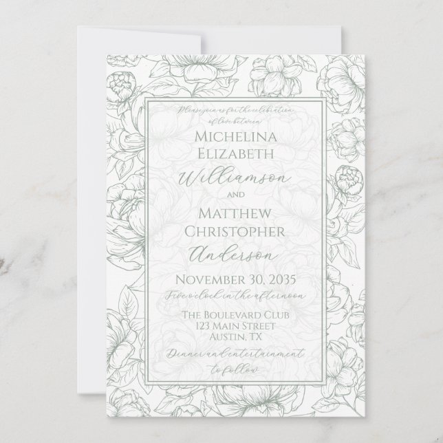 Elegant Sage Green Hand-Drawn Floral Wedding  Invi Inbjudningar (Framsida)