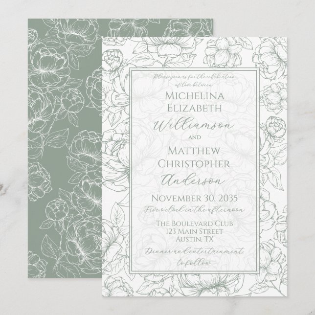 Elegant Sage Green Hand-Drawn Floral Wedding  Invi Inbjudningar (Fram/baksida)