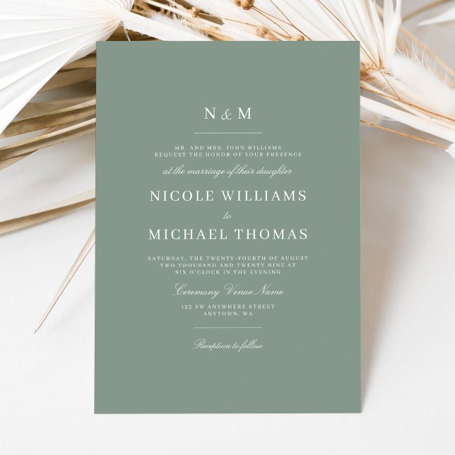 Elegant Sage Green Monogram Classic Wedding Inbjudningar (Skapare uppladdad)