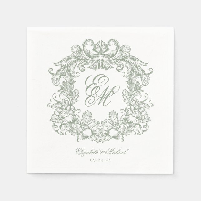 Elegant Sage Green Monogram Crest Script Wedding Pappersservett (Framsidan)