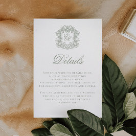 Elegant Sage Green Monogram Crest Wedding Details Tilläggskort