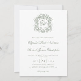 Elegant Sage Green Monogram Crest Wedding Inbjudningar