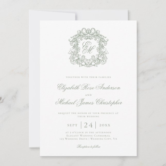 Elegant Sage Green Monogram Crest Wedding Inbjudningar (Framsida)