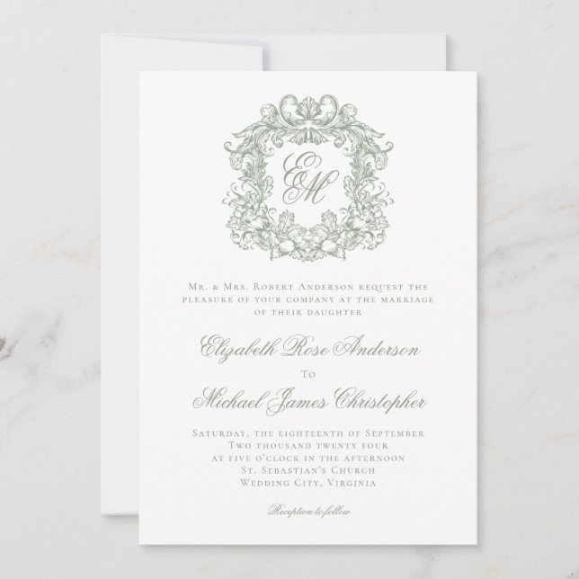 Elegant Sage Green Monogram Wedding Crest Inbjudningar (Framsida)