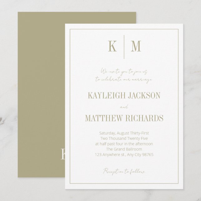 Elegant Sage Green Monogram Wedding  Inbjudningar (Fram/baksida)