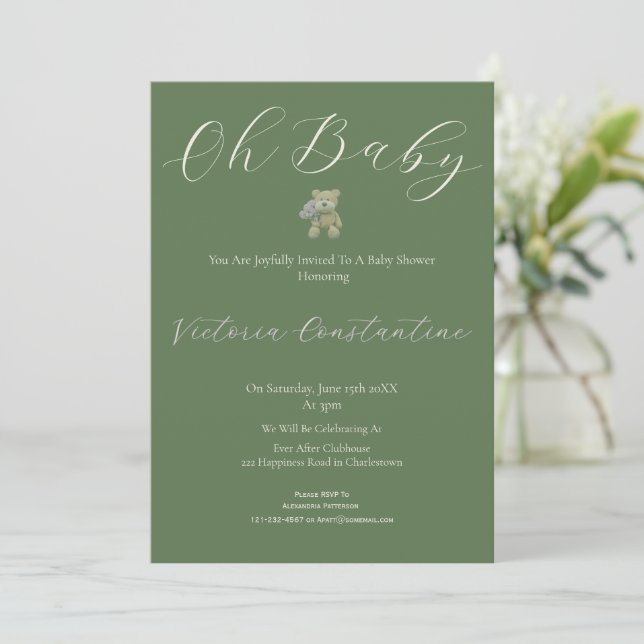 Elegant Sage Green Oh Baby Bear Shower Invitation Inbjudningar (Stående Fram)