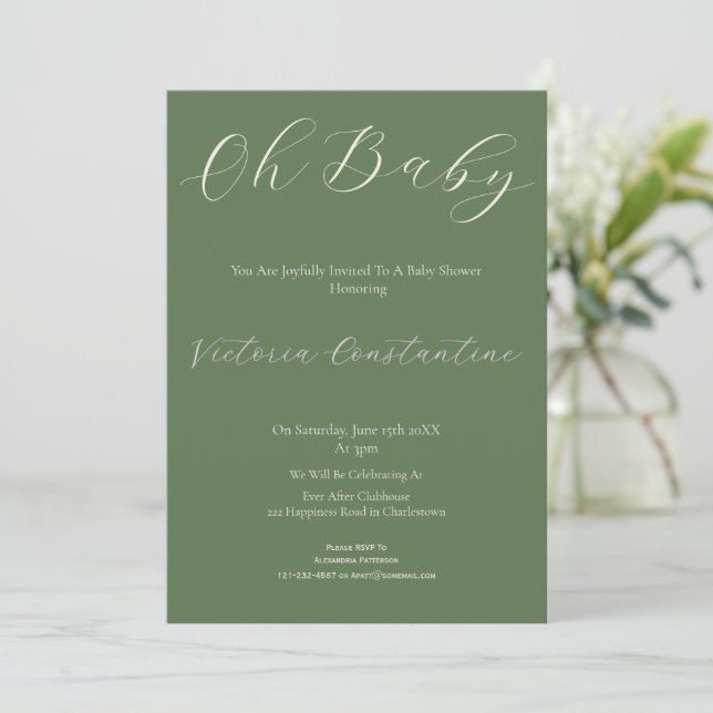 Elegant Sage Green Oh Baby Shower Invitation Inbjudningar (Stående Fram)