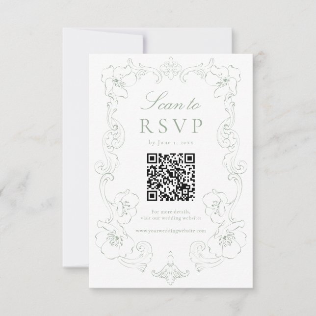 Elegant Sage Green Ornate Floral QR Code Wedding OSA Kort (Framsida)