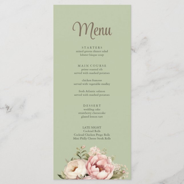 Elegant Sage Green Peony Floral Wedding Menu Meny (Framsida)