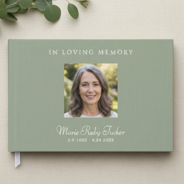 Elegant Sage Green Photo In Loving Memory Funeral Gästböcker (Elegant Sage Green Funeral Sign In Guest Book)