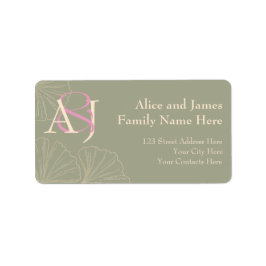 Elegant Sage Green & Pink Ginkgo Newly Wed Address Adressetikett