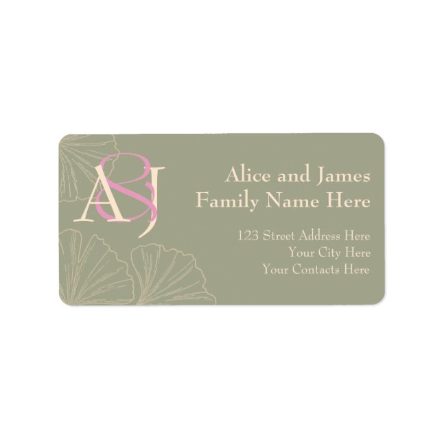 Elegant Sage Green & Pink Ginkgo Newly Wed Address Adressetikett (Framsidan)