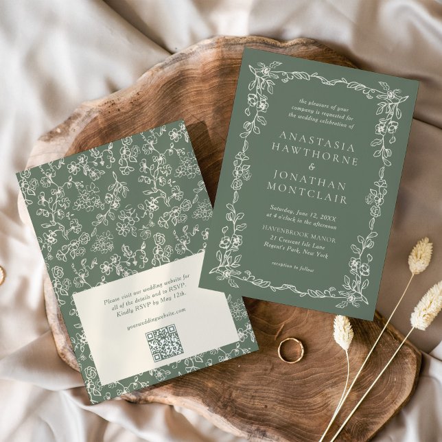 Elegant Sage Green QR Code RSVP Victorian Wedding Inbjudningar (Skapare uppladdad)