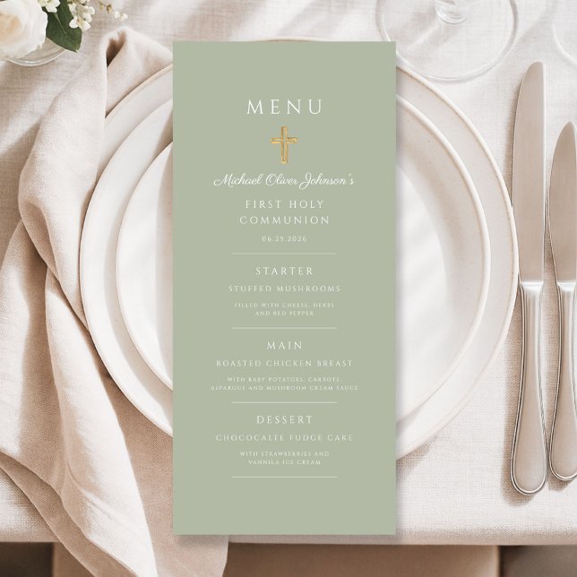 Elegant Sage Green Religious Cross First Communion Meny (Elegant Sage Green Religious Cross First Communion Menu)