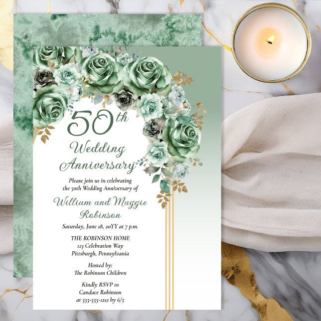 Elegant Sage Green Rose Floral 50th Anniversary Inbjudningar (Elegant Sage Green Rose Floral 50th Anniversary Invitation - Print | Digital Download)